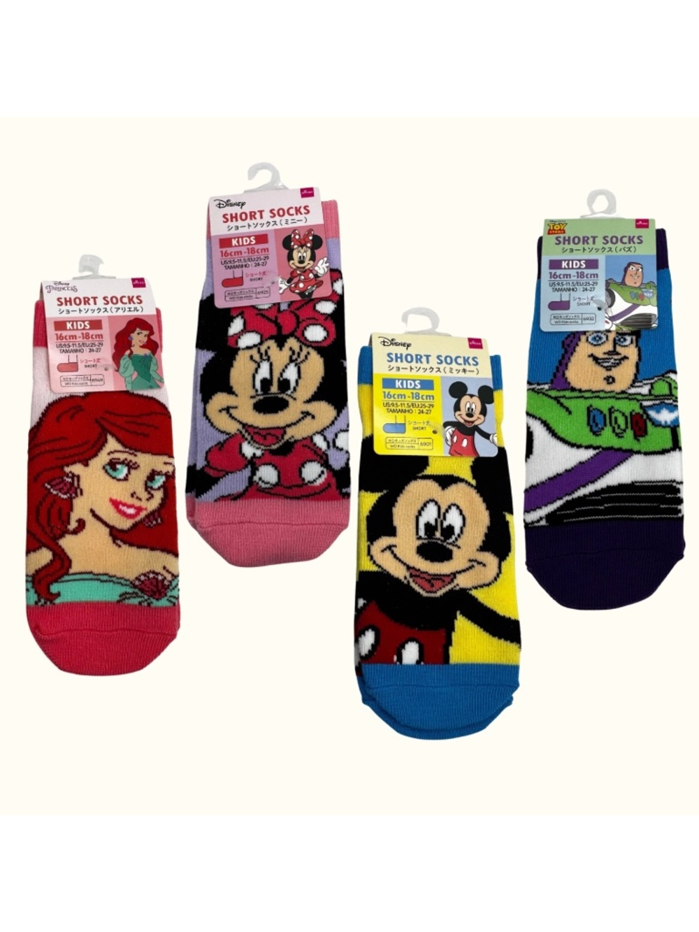 Disney Kids Socks US 9.5-11.5 Short Socks Mickey Minnie Ariel Buzz Japan New